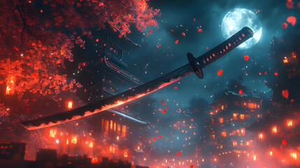 Obraz premium A mesmerizing sword glows in a vibrant night scene, surrounded by cherry blossoms and a mystical moonlight backdrop.