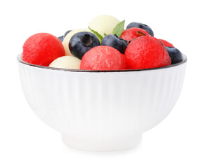 Tasty watermelon and melon balls with blueberries in bowl isolated on white