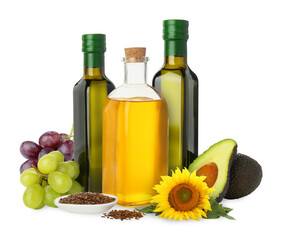 Vegetable fats. Set of different oils and ingredients isolated on white