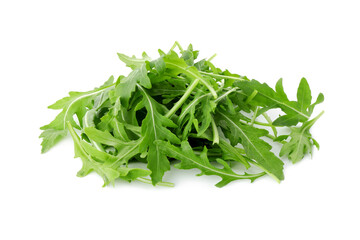 Pile of fresh arugula leaves isolated on white