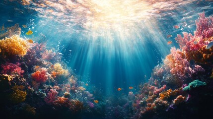 Fototapeta premium Underwater Coral Reef with Sunbeams and Fish