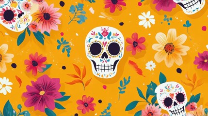 A charming illustration featuring tiny sugar skulls flowers and Mexican motifs arranged in a playful pattern on a bright festive background