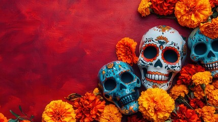 A traditional Mexican color palette with sugar skulls and marigold flowers perfect for a festive background to promote products or parties