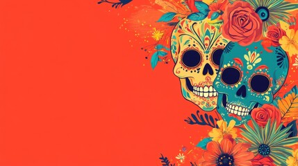 A festive background with bold Mexican colors sugar skulls and floral elements with space for promoting parties or products