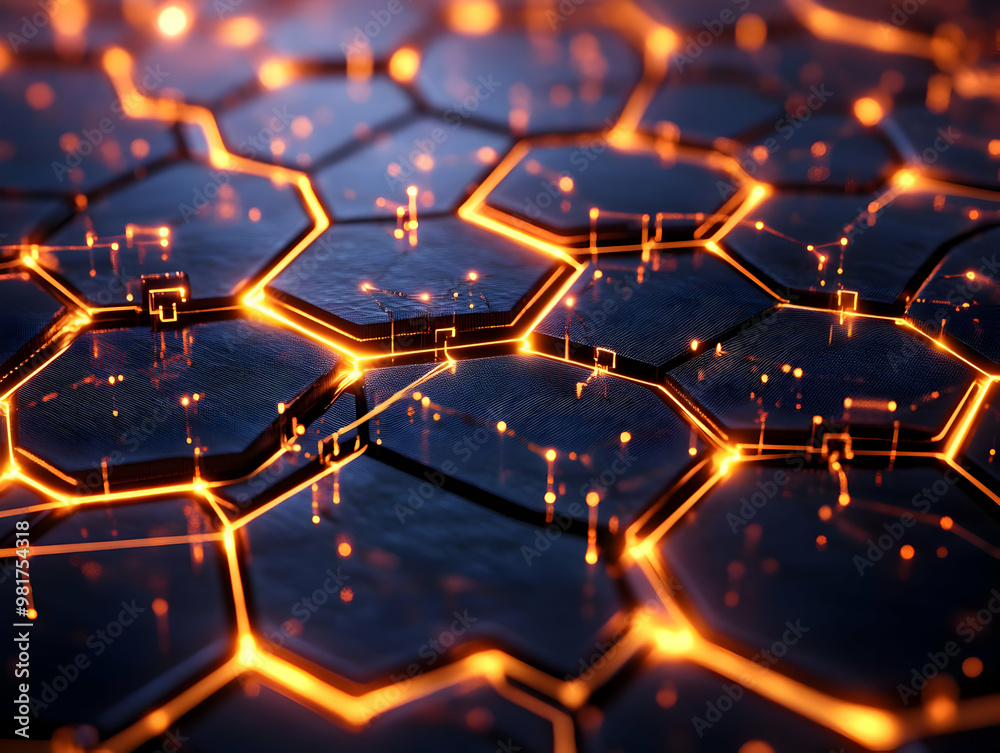 Poster intricate hexagonal pattern glowing with vibrant orange light, creating a futuristic, tech-inspired 