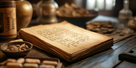 Ancient texts and traditional Chinese medicine materials are beautifully displayed on wooden table, evoking sense of history and knowledge. scene captures essence of herbal remedies and ancient practi