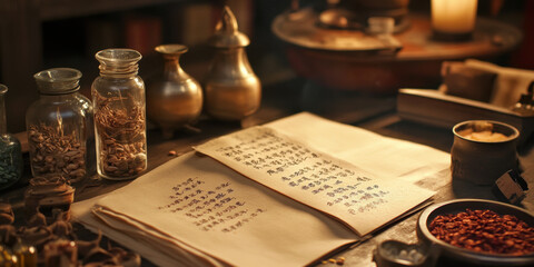 Ancient manuscripts and herbal ingredients are beautifully arranged on wooden table, showcasing essence of traditional Chinese medicine. warm lighting adds cozy atmosphere to this serene setting