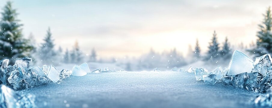 Craft a winter skincare product mockup from a worms-eye view, featuring a gleaming, icy landscape with hints of pine trees in the backdrop