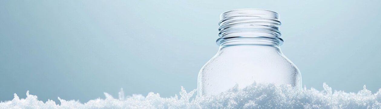 Illustrate a modern snowy bottle mockup from a low angle, emphasizing its icy texture and clean lines