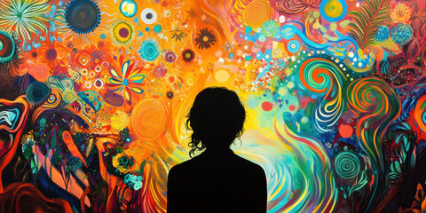A vibrant and colorful abstract mural filled with swirling patterns and floral designs, creating mesmerizing backdrop. silhouette of person stands in awe, immersed in artistic expression of festivals