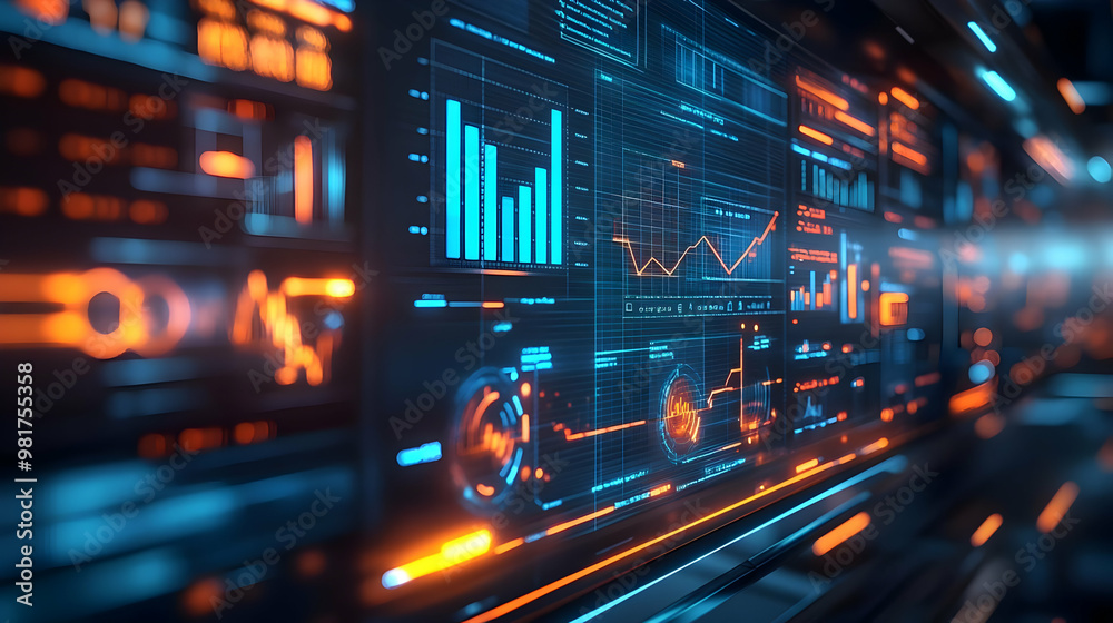 Poster futuristic data visualization with glowing graphs and charts, reflecting advanced analytics in a dig