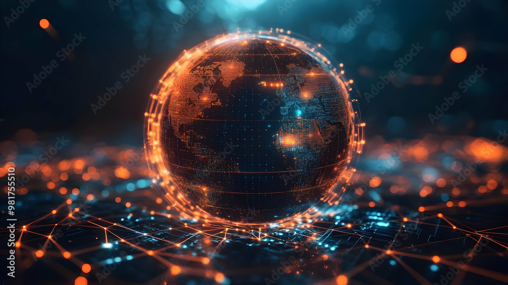 Poster futuristic glowing globe representation with digital nodes and connections, symbolizing technology a