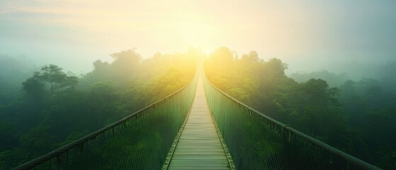 Obraz premium A bridge over a forest with a sun shining through the trees