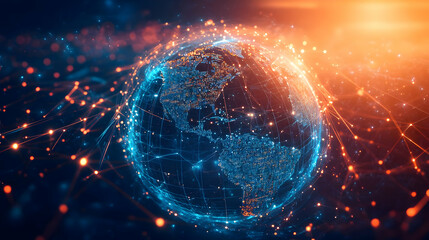 Obraz premium A digital representation of Earth surrounded by colorful network connections, symbolizing global communication and technology.