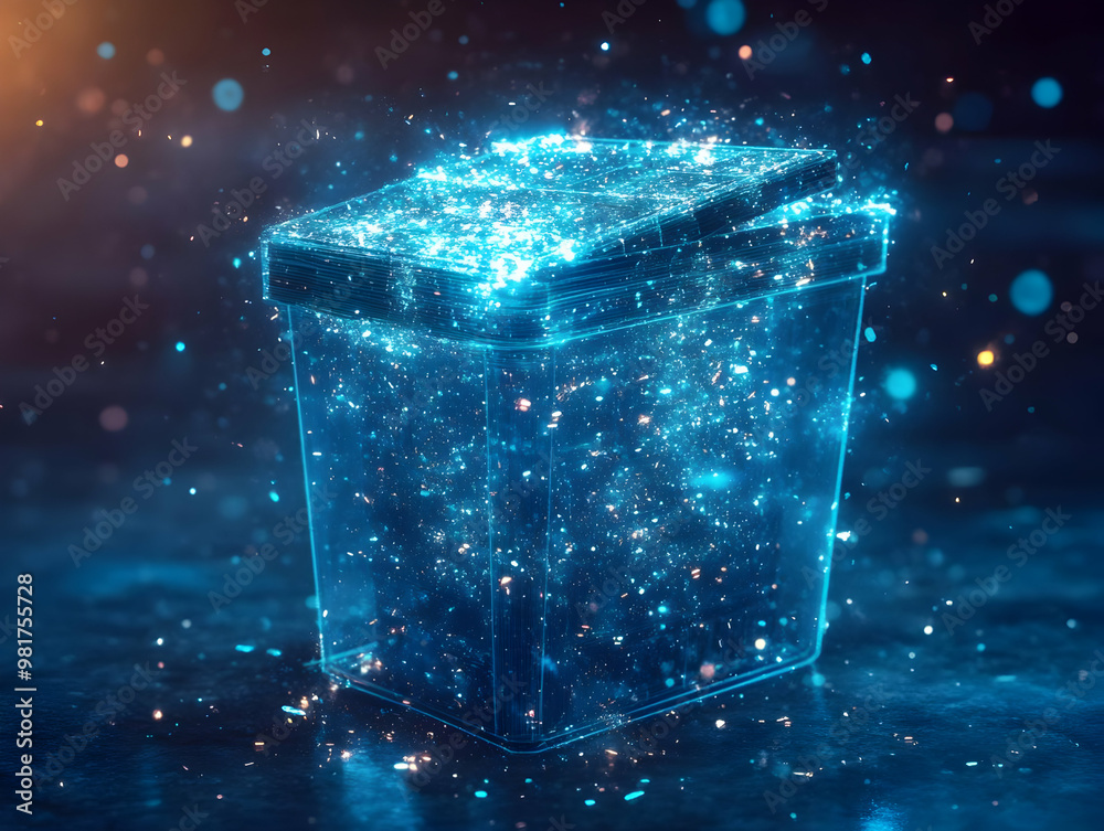 Poster futuristic glowing box with sparkling particles, creating an ethereal visual effect in a dark atmosp