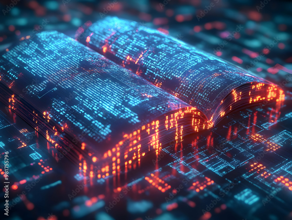 Poster a digital book surrounded by glowing binary code, symbolizing modern knowledge and technology in a f