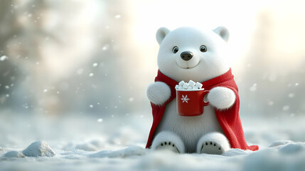 Fototapeta premium Cheerful polar bear in red scarf, enjoying hot drink in snowy landscape, creating a cozy winter atmosphere.