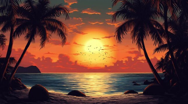 A stunning sunset beach with palm trees silhouetted against a glowing sky, creating a tropical paradise atmosphere.
 Seamless looping 4k time-lapse virtual video animation Generated AI