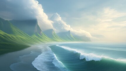 A beautiful ocean scene with a mountain range in the background