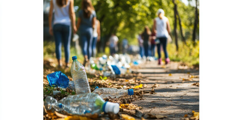 People participate in community clean up day, collecting plastic bottles and trash along scenic path. event promotes environmental awareness and teamwork