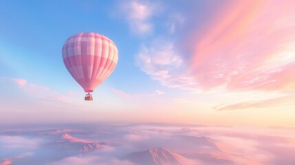 Fototapeta premium A hot air balloon is flying high in the sky, with a pink and white color scheme