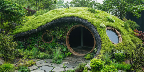 A unique sustainable living workshop showcases an eco friendly home with green roof, surrounded by lush vegetation and natural stone pathways. This innovative design promotes harmony with nature