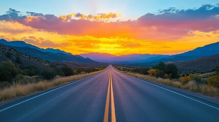 A Long Road Through Mountains at Sunset