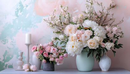 Fototapeta premium Soft, blooming peonies and roses in pastel shades, adding a delicate and feminine touch