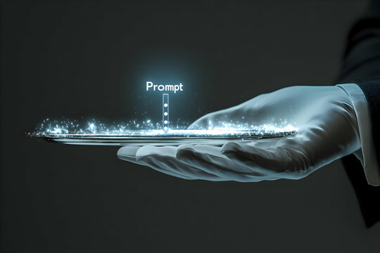 A hand in a white glove elegantly presents a futuristic digital prompt on a glowing plate, symbolizing service and innovation.