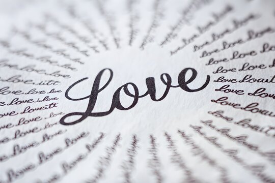 LOVE written on paper, dreamy soft focus surrounds repeated circular text pattern