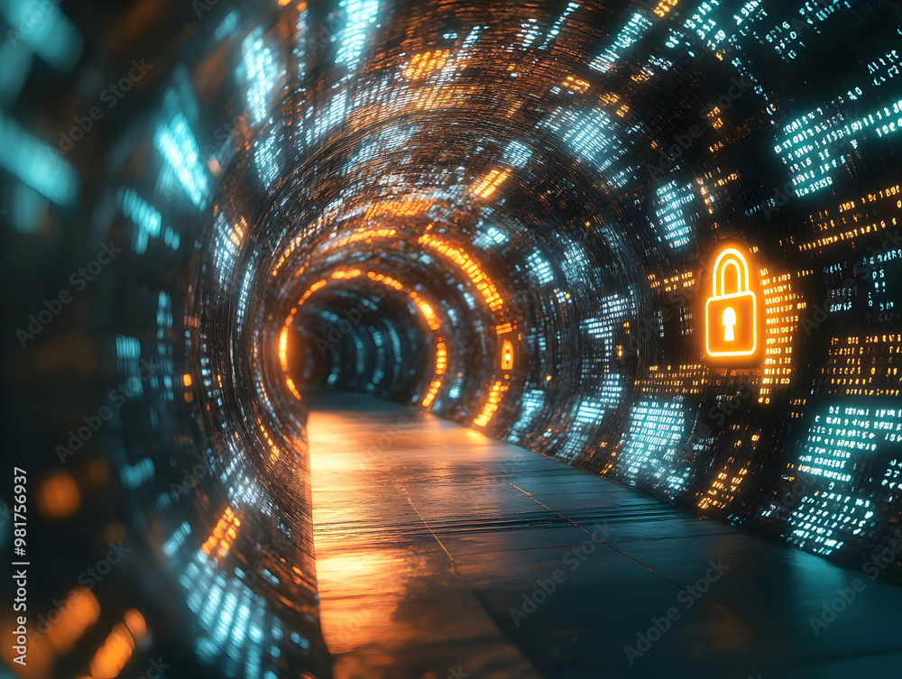 Poster a futuristic tunnel featuring glowing data patterns and a digital lock symbol, representing security