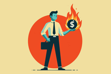 the concept of responsibility in business finance, a businessman holding a fireball with a dollar symbol depicts the magnitude of responsibility entrusted to him