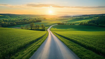 A Winding Country Road Through Rolling Green Hills at Sunset