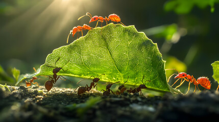 Close-up of ants working together under a leaf, showcasing teamwork and nature's beauty in a sunlit environment.