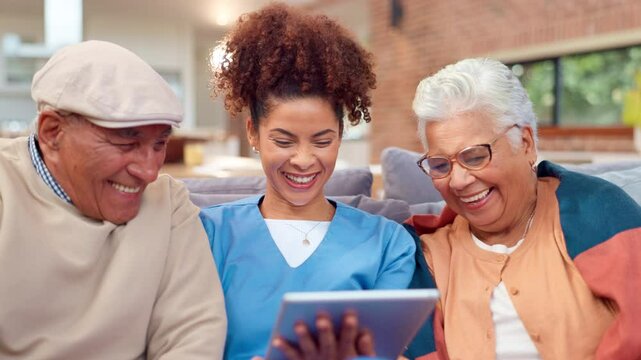 Happy, caregiver and elderly people on sofa with tablet, streaming comedy and laughing. Nurse, senior couple or tech in nursing home with social media, meme joke and relatable funny video on internet