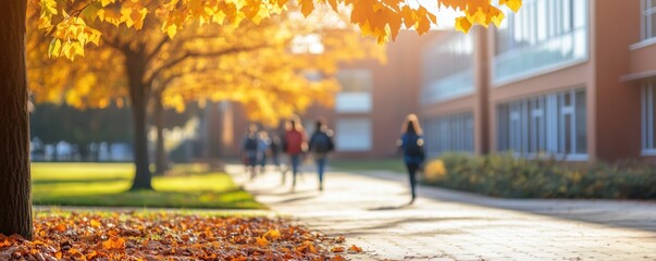 Students walking through a high school campus on a sunny autumn day, defocused