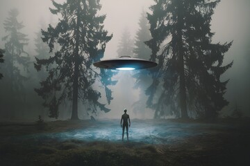 UFO hovering in foggy forest, slender figure observes eerie bluish lit scene