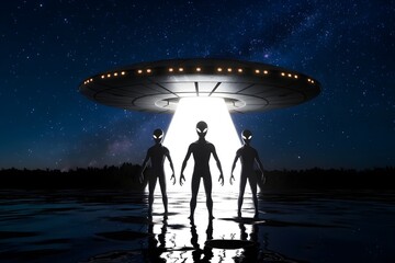 UFO over reflective water, silhouetted aliens backlit by light from craft above