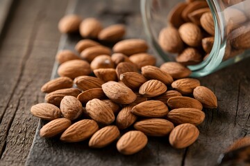 Scattered almonds on rustic wooden surface with glass container