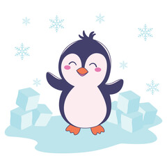 Cute Penguin Animal Cartoon Character Standing on Polar Ice with Happy Expression