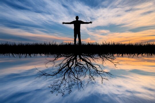 Silhouette of person standing atop mound with outstretched arms, roots below