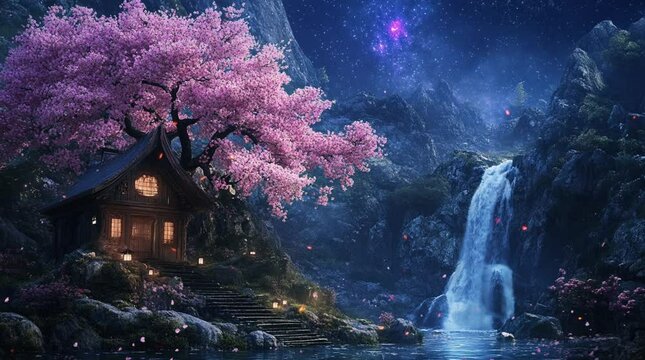 A mystical house under a blooming sakura tree beside a tall waterfall, illuminated by the moonlight in a serene fantasy night settin Seamless looping 4k time-lapse virtual video animation Generated AI