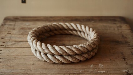 Obraz premium A twisted rope in the shape of a circle placed on a wooden table