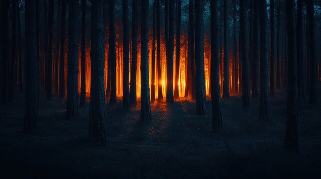 A dark forest illuminated by an eerie orange glow, suggesting a fire or mystical light source.