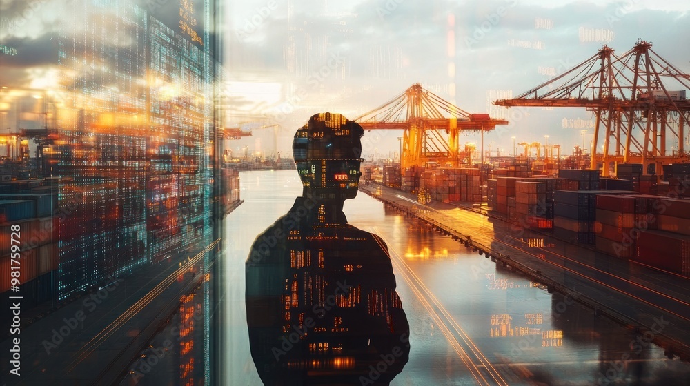 Canvas Prints A silhouette of a person against a bustling port with shipping containers and cranes at sunset.