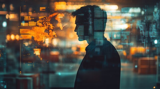 A silhouette of a person against a backdrop of digital data and a world map.