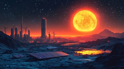 Design a futuristic vector concept of solar panels and wind turbines powering a space station on another planet