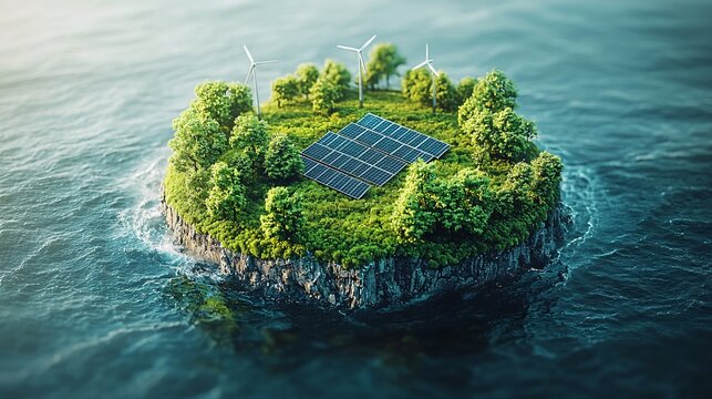 Show a vector scene where solar panels and wind turbines are part of a self-sufficient eco-community