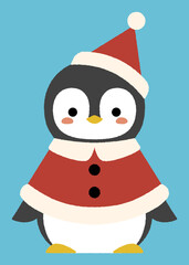 Clipart of cute baby penguin with Santa hat and cape in flat cartoon style.