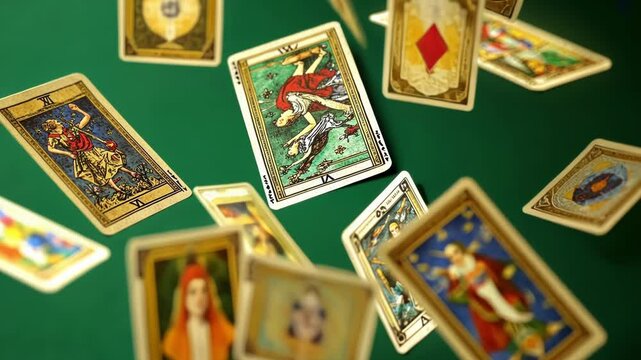 Multiple tarot cards are frozen in motion as they fall against a vibrant green screen, offering a customizable backdrop for divination or esoteric concepts